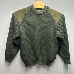 Niffi Made In England Ribbed Knit Sweater Olive Suede Elbow Shoulder Patches L
